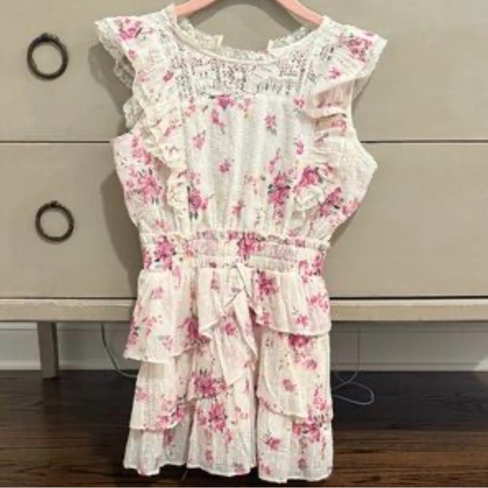 LoveShackFancy Kids Floral Ruffled Dress — White with Pink Roses